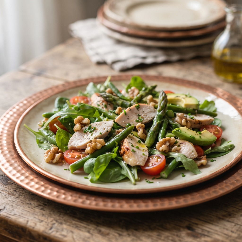 Salade de poulet poêlé, noix et mélange de printemps