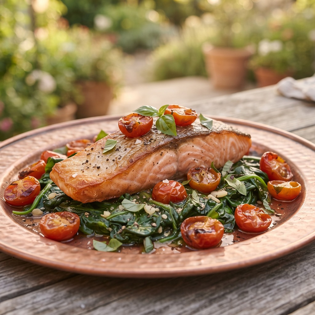Saumon poêlé au basilic, épinards et tomates cerises