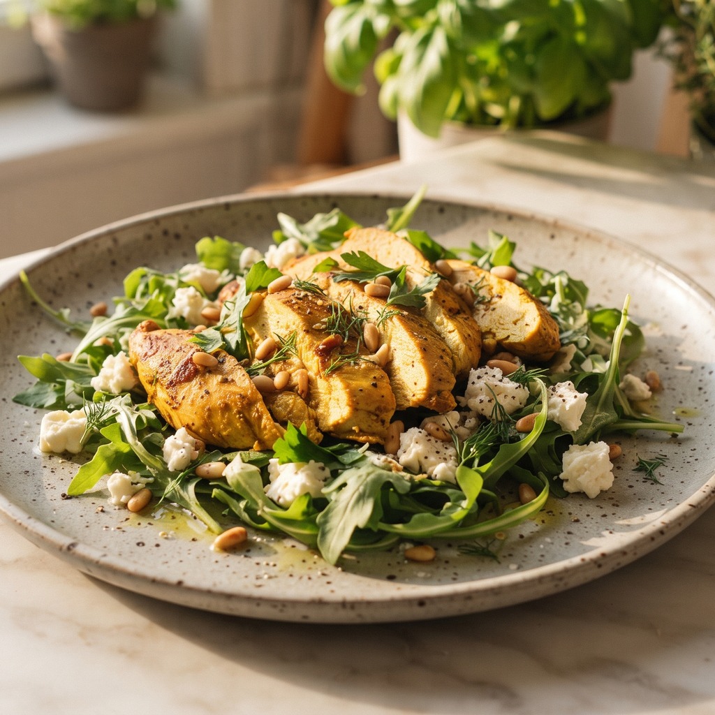 Poulet rôti au curry, roquette et feta