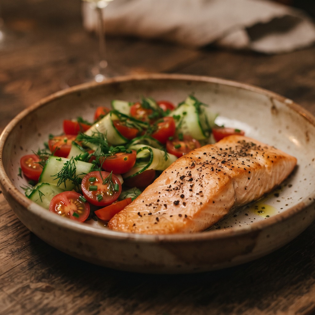 Saumon poêlé, concombre et tomates cerises