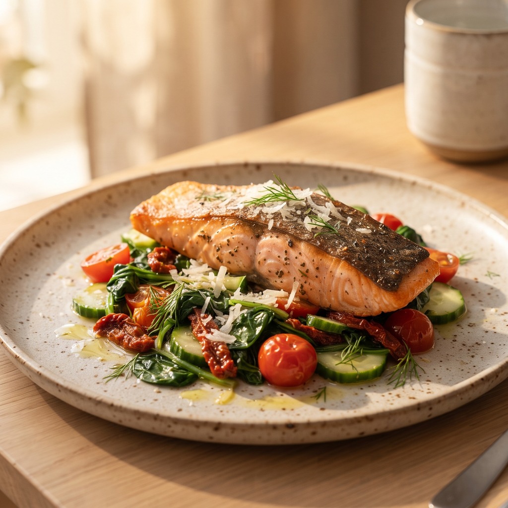 Saumon en sauce crémeuse, épinards et tomates séchées