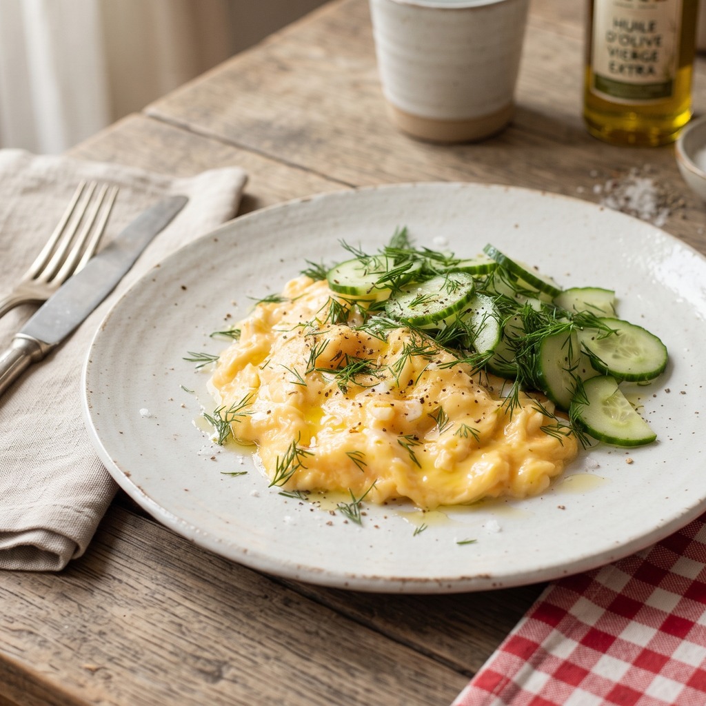 Œufs brouillés au parmesan, tomate et basilic