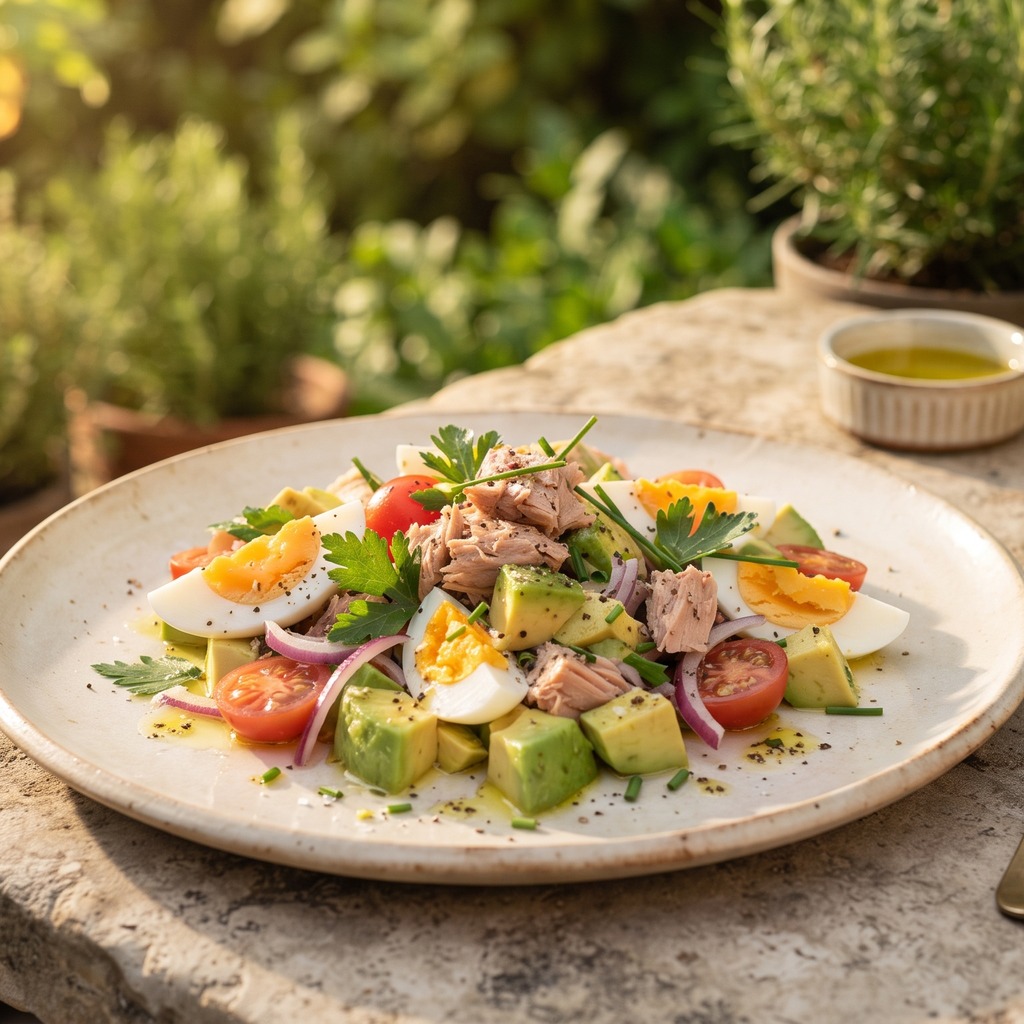 Saumon mariné citron-ail, grillé, laitue et tomates