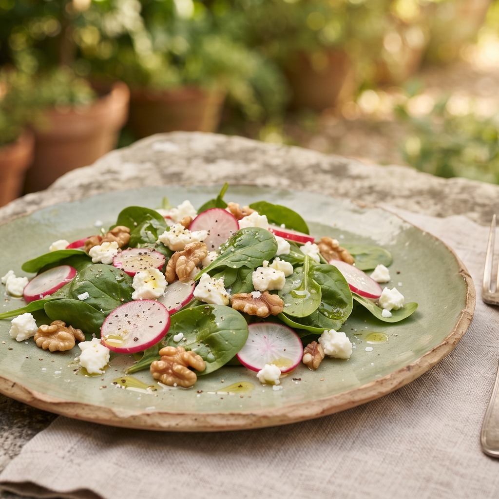 Épinards, radis, roquette, feta et noix