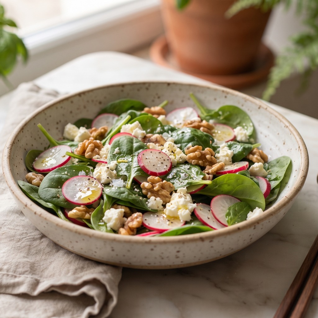 Épinards, radis, roquette, feta et noix