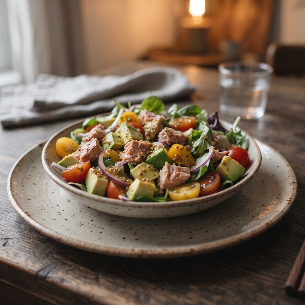 Salade de thon, avocat et tomates cerises, vinaigrette moutarde
