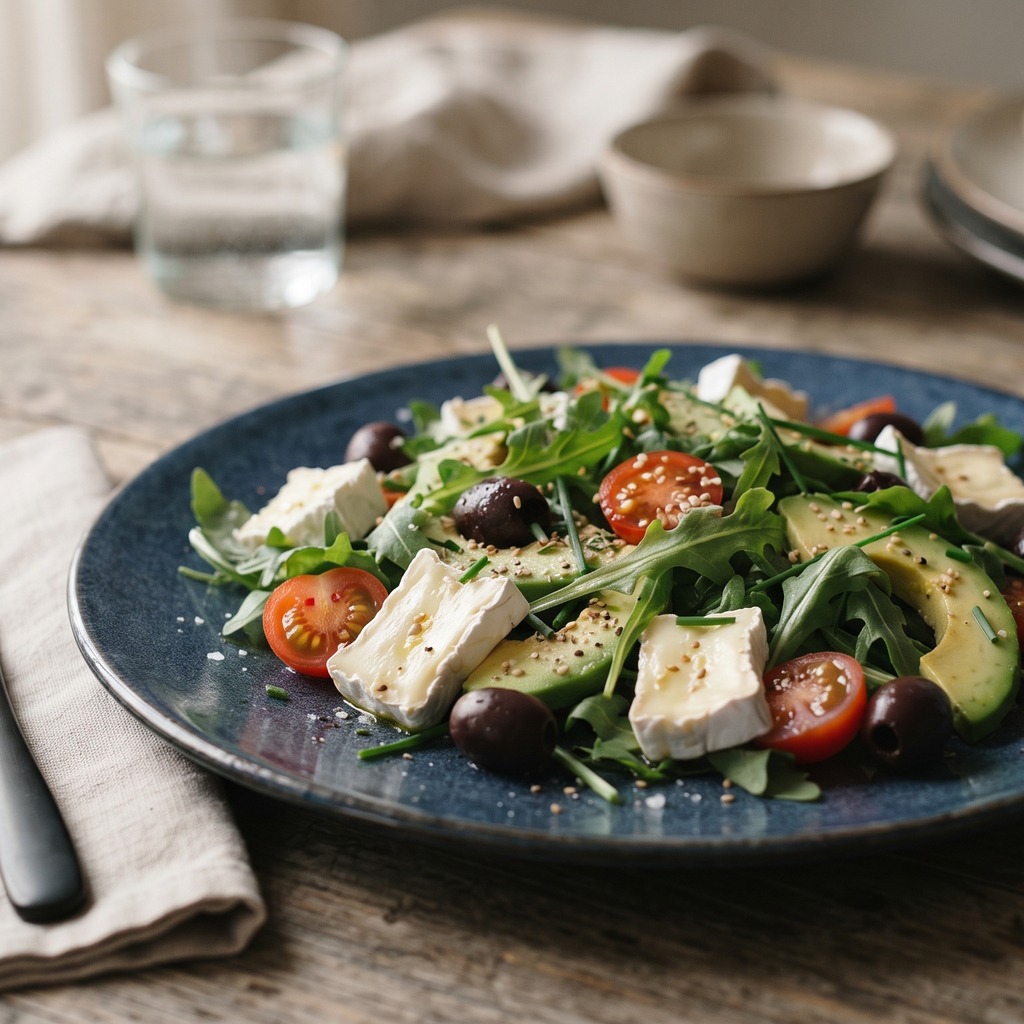 Roquette, avocat, olives et brie
