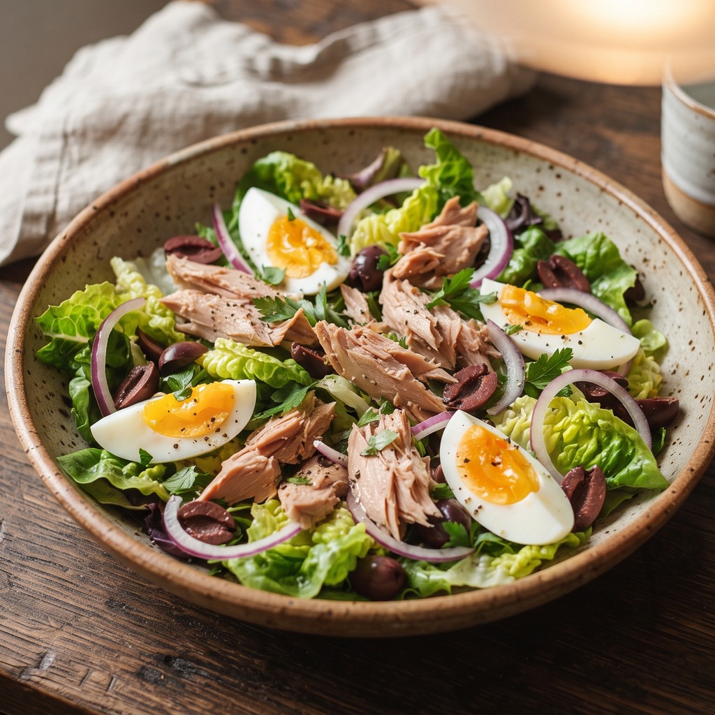 Salade composée thon, œuf et olives