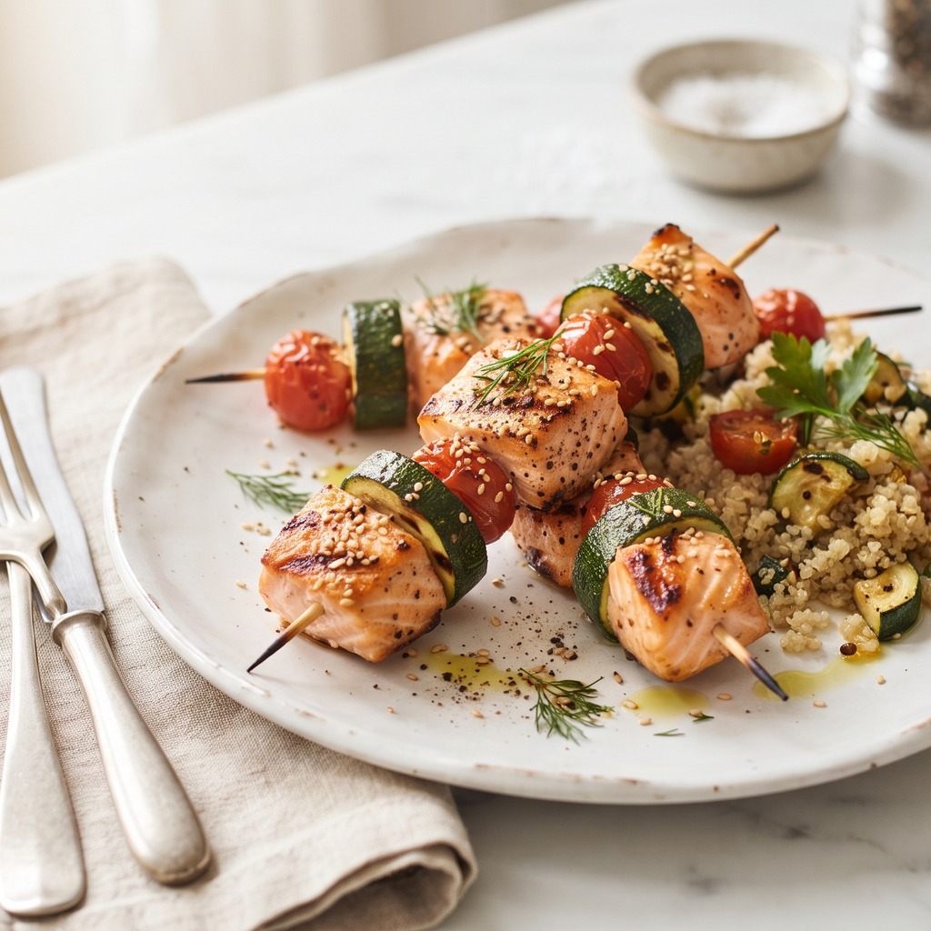 Brochettes de saumon et courgette au sésame