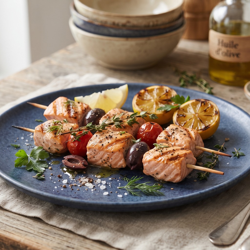 Brochettes de saumon au citron, olives et épinards