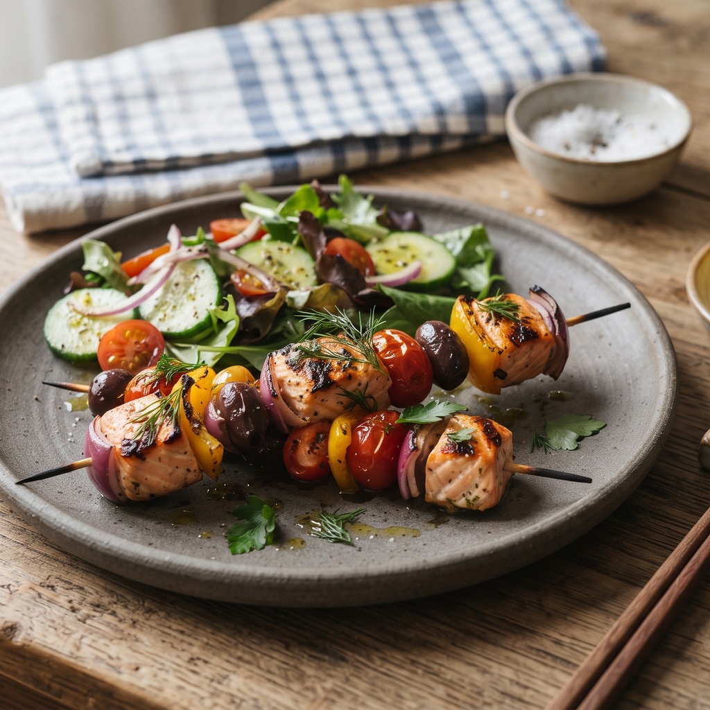 Brochettes de saumon au citron, olives et épinards