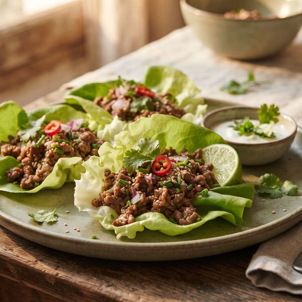 Wraps de laitue au bœuf, gingembre et sésame