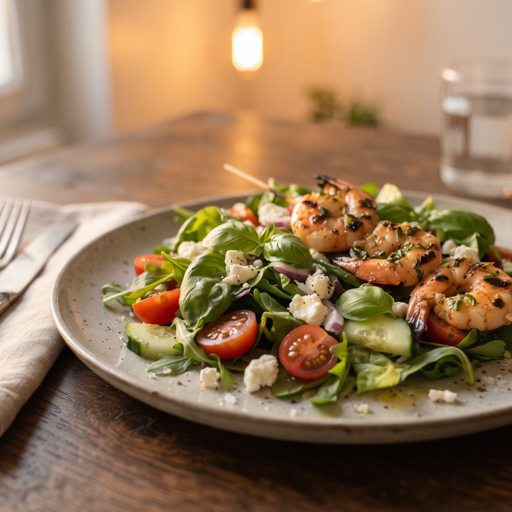 Brochettes de crevettes grillées, salade au basilic et feta
