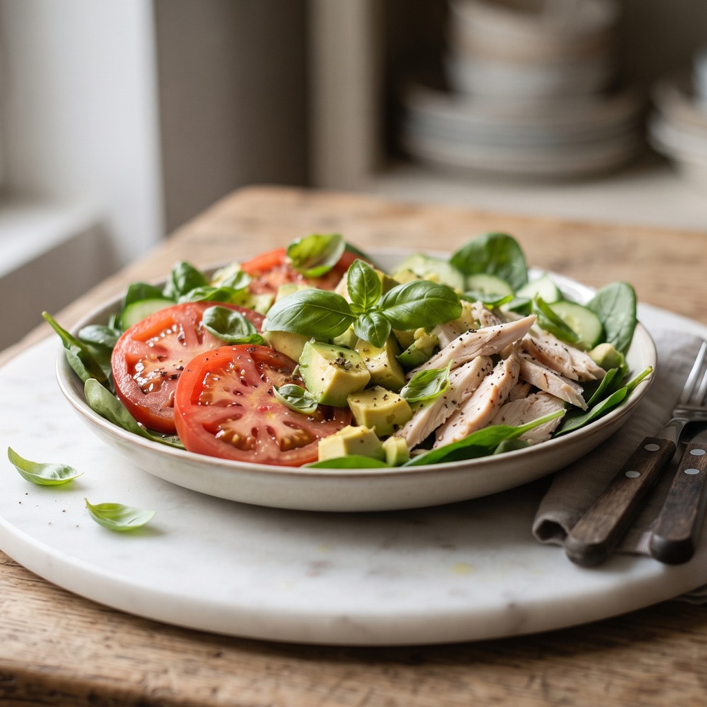 Salade avocat-tomate au poulet et basilic frais
