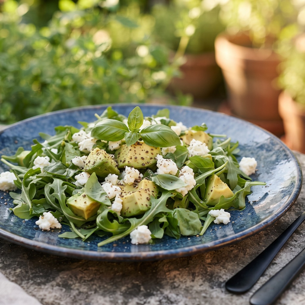 Roquette, avocat, feta et basilic