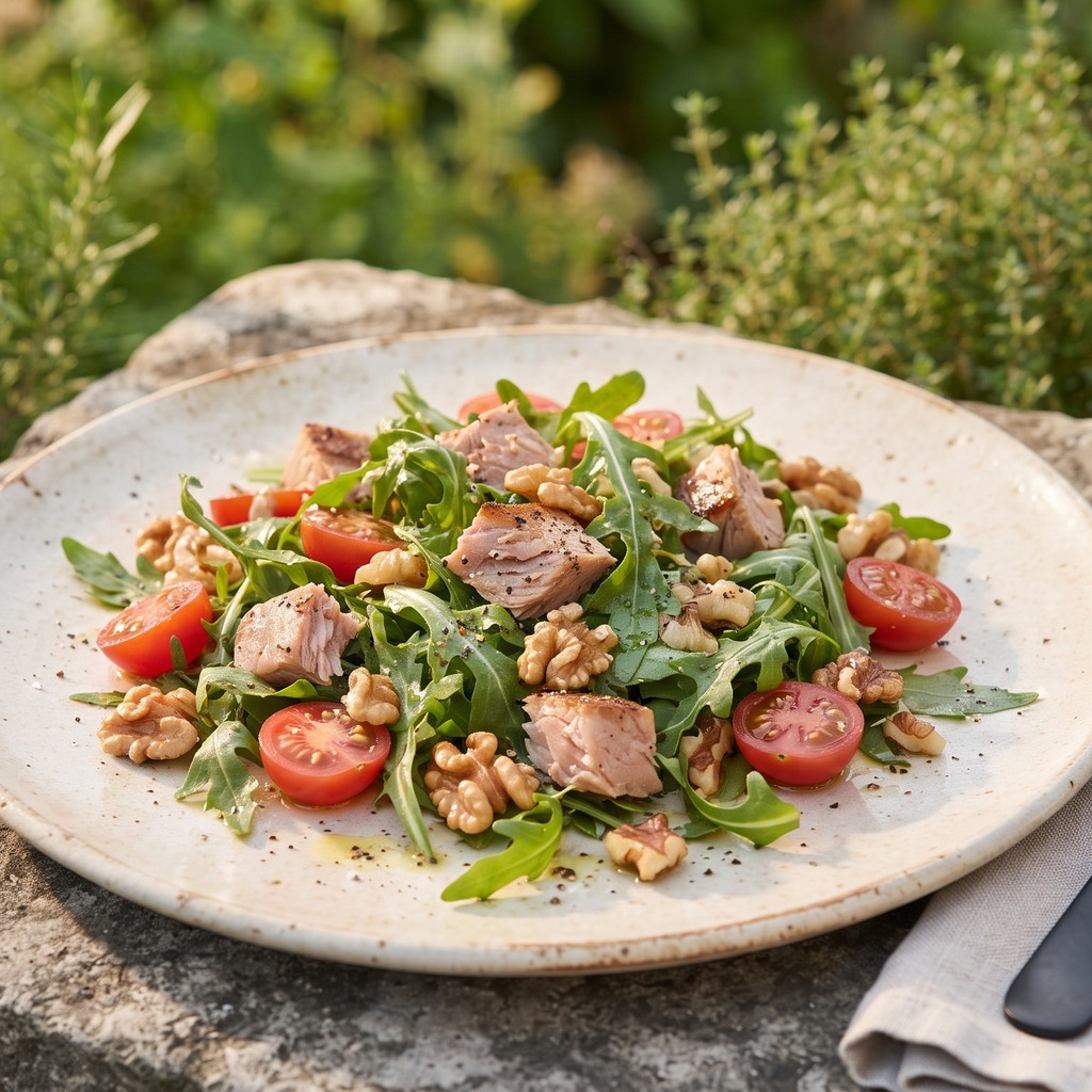 Roquette, thon et noix, filet d'huile d'olive
