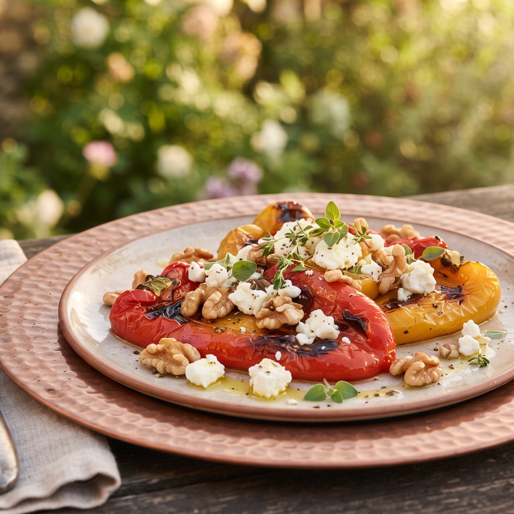 Poivron rôti, feta et noix, vinaigrette citronnée