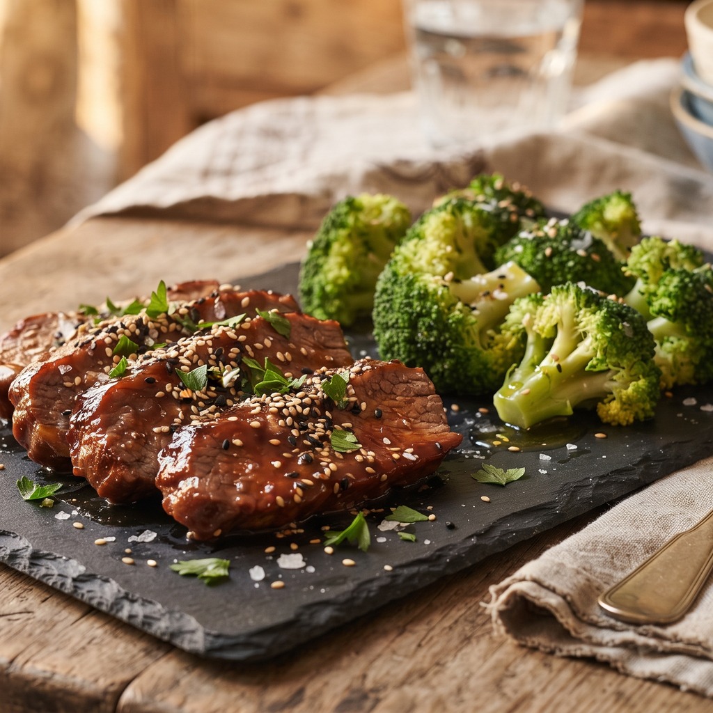 Bœuf mariné sauce barbecue, brocoli vapeur