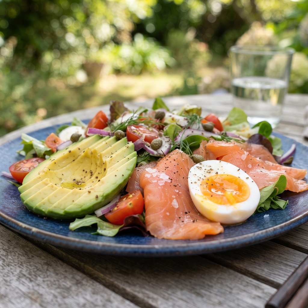 Salade de saumon, œuf mollet et avocat
