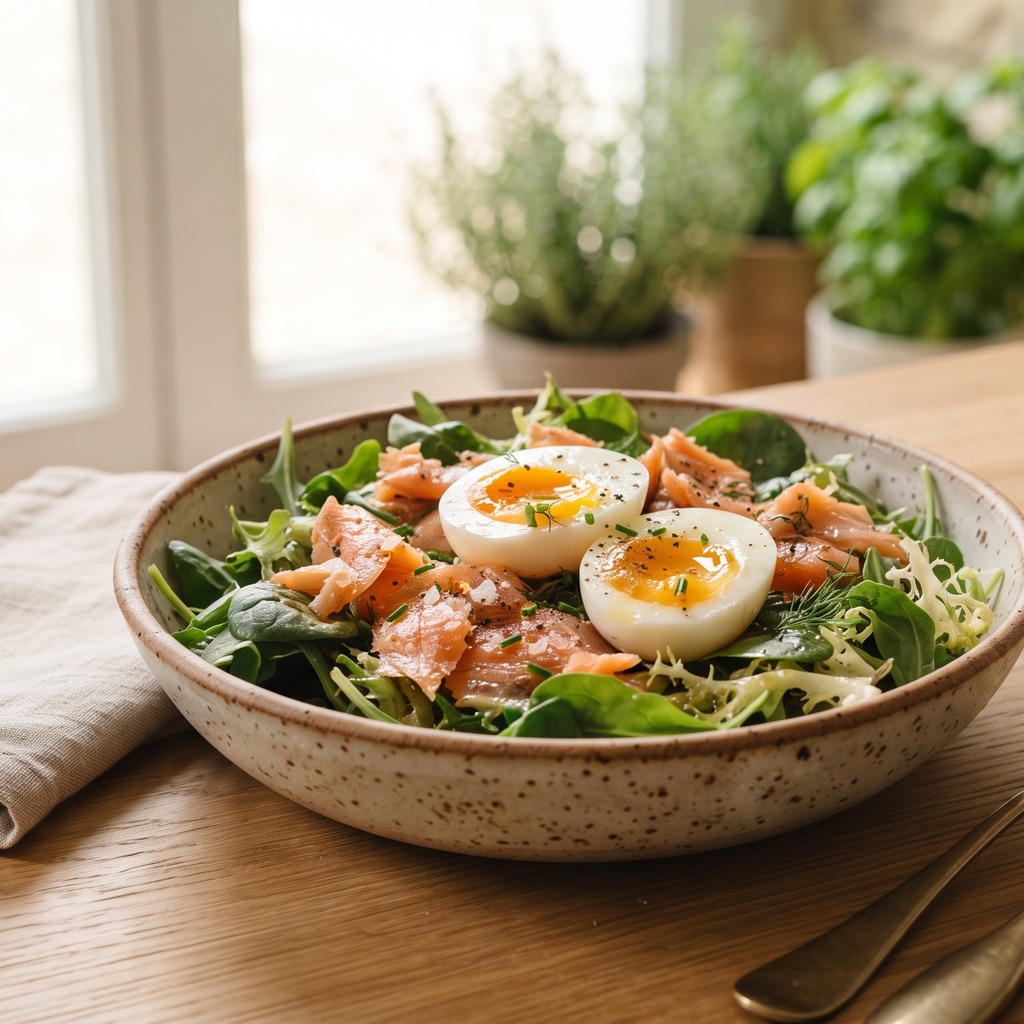 Salade aux œufs mollets et saumon fumé