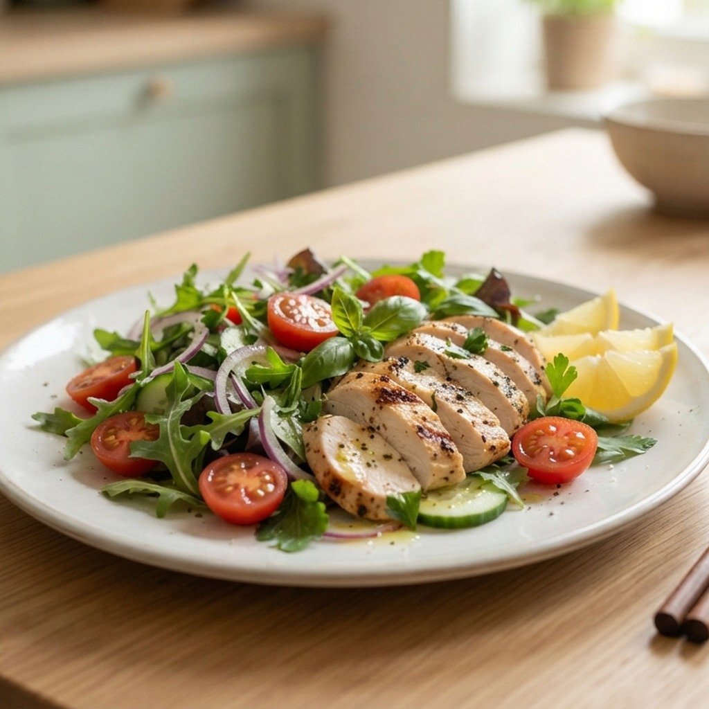 Salade de poulet, tomates cerises et citron