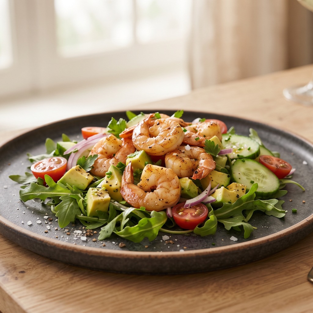 Salade roquette-avocat aux crevettes poêlées