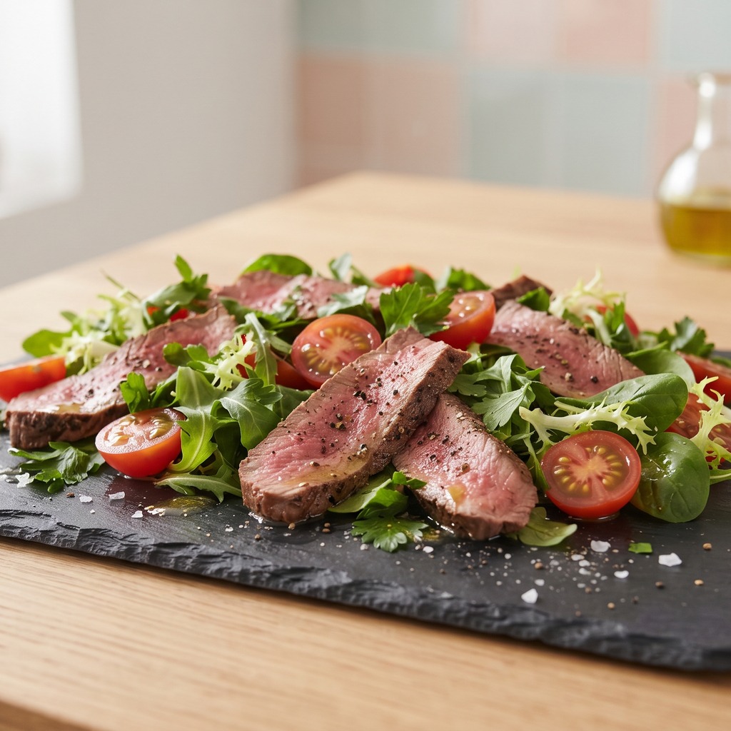 Salade de bœuf mariné, tomates cerises et persil