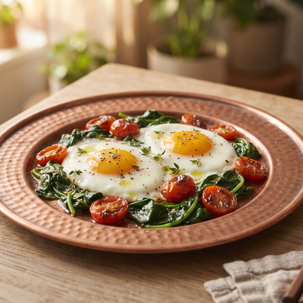 Œufs au plat, épinards et tomates cerises