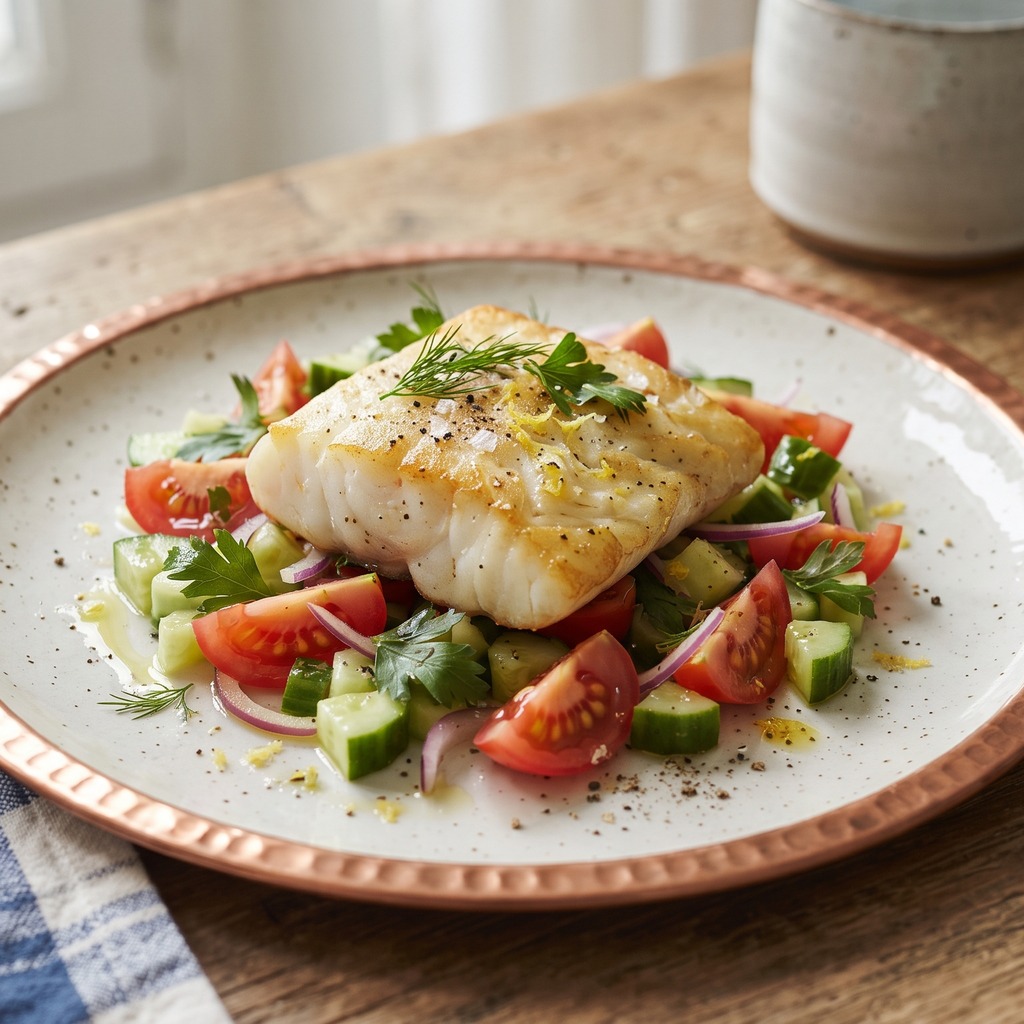 Cabillaud poêlé, concombre et tomate fraîche