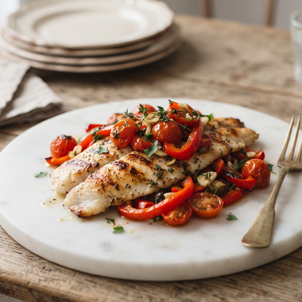 Tilapia grillé mariné, poivron et tomate