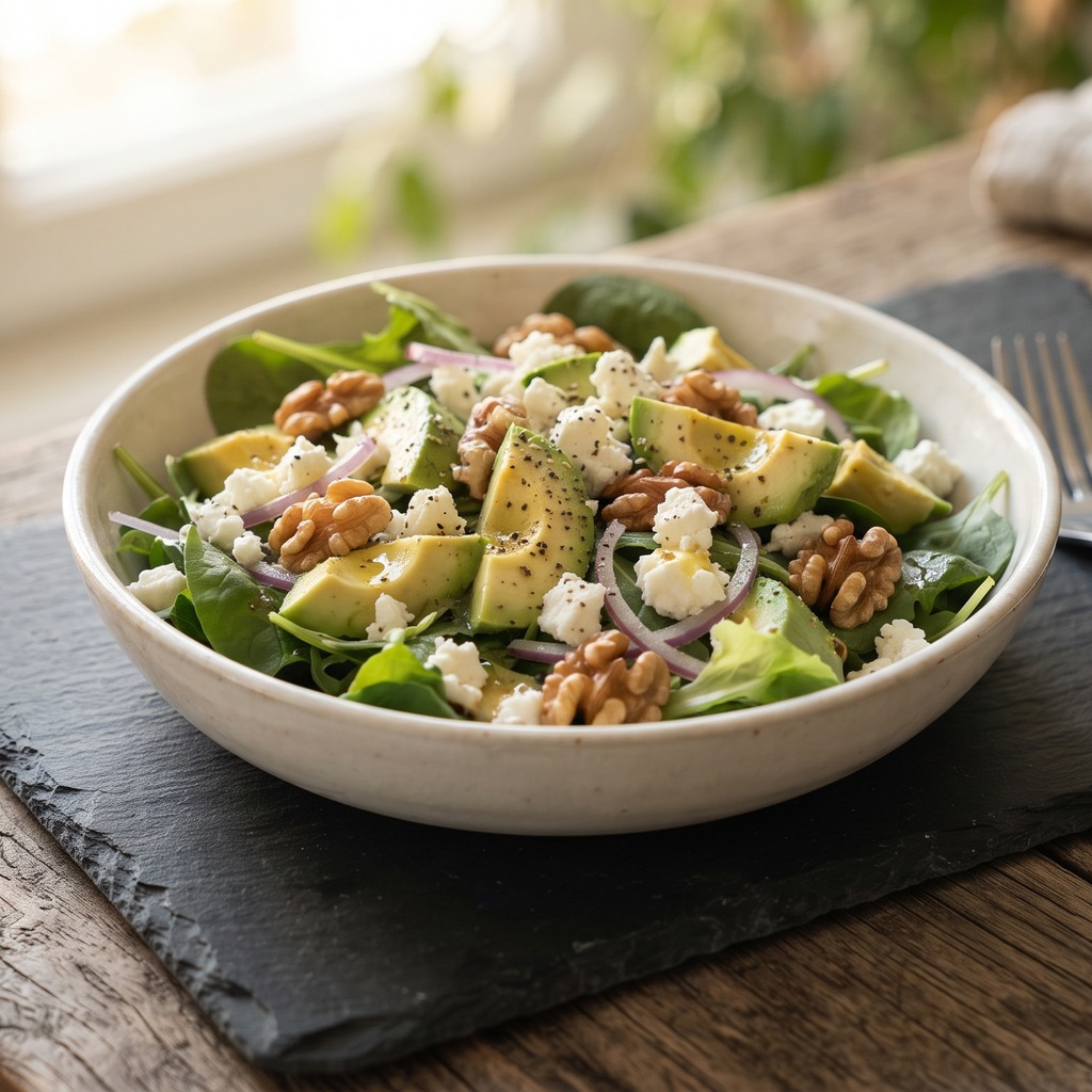 Salade printanière feta, avocat et noix
