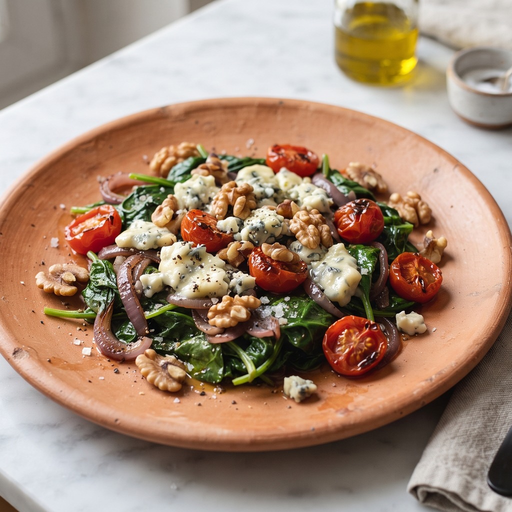 Épinards, fromage bleu, noix et tomates cerises