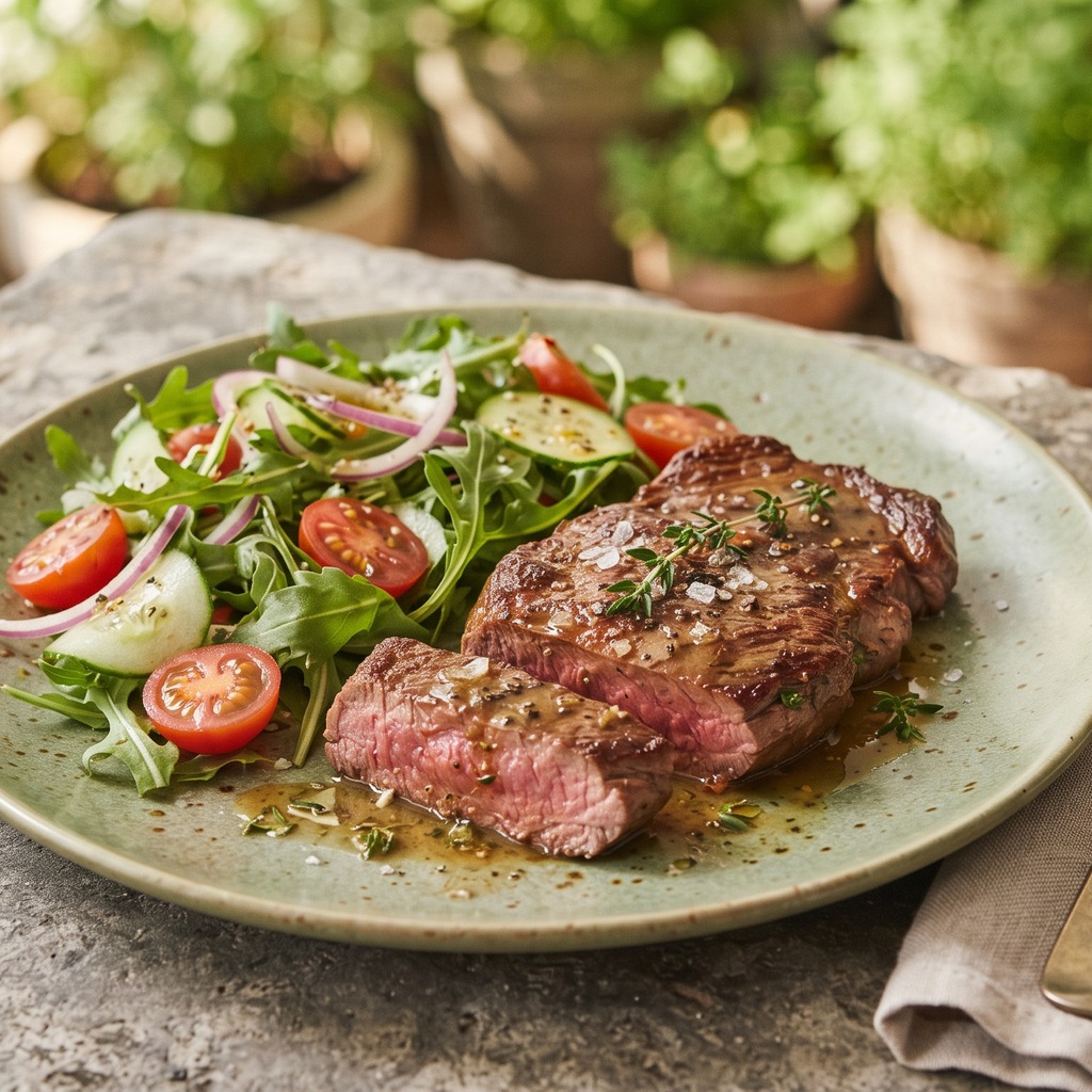 Bœuf poêlé au beurre, roquette et tomate