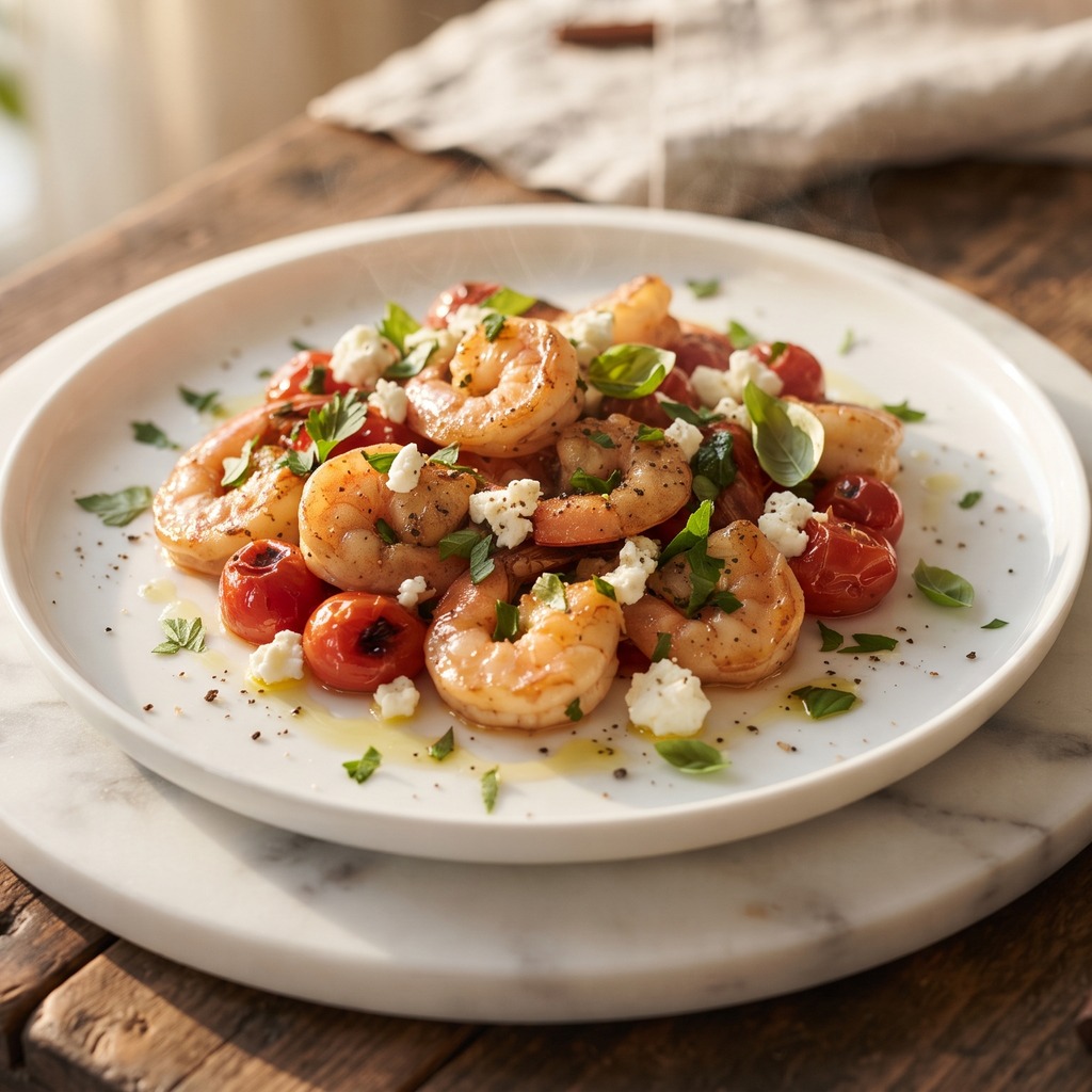 Crevettes sautées à la tomate et à la feta