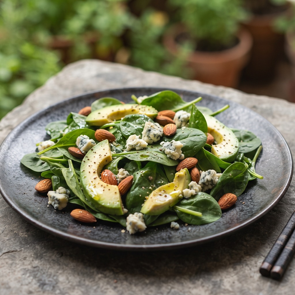 Épinards, avocat, amandes et fromage bleu