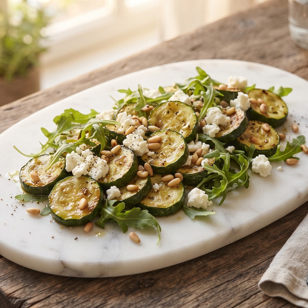 Courgettes poêlées, feta et roquette