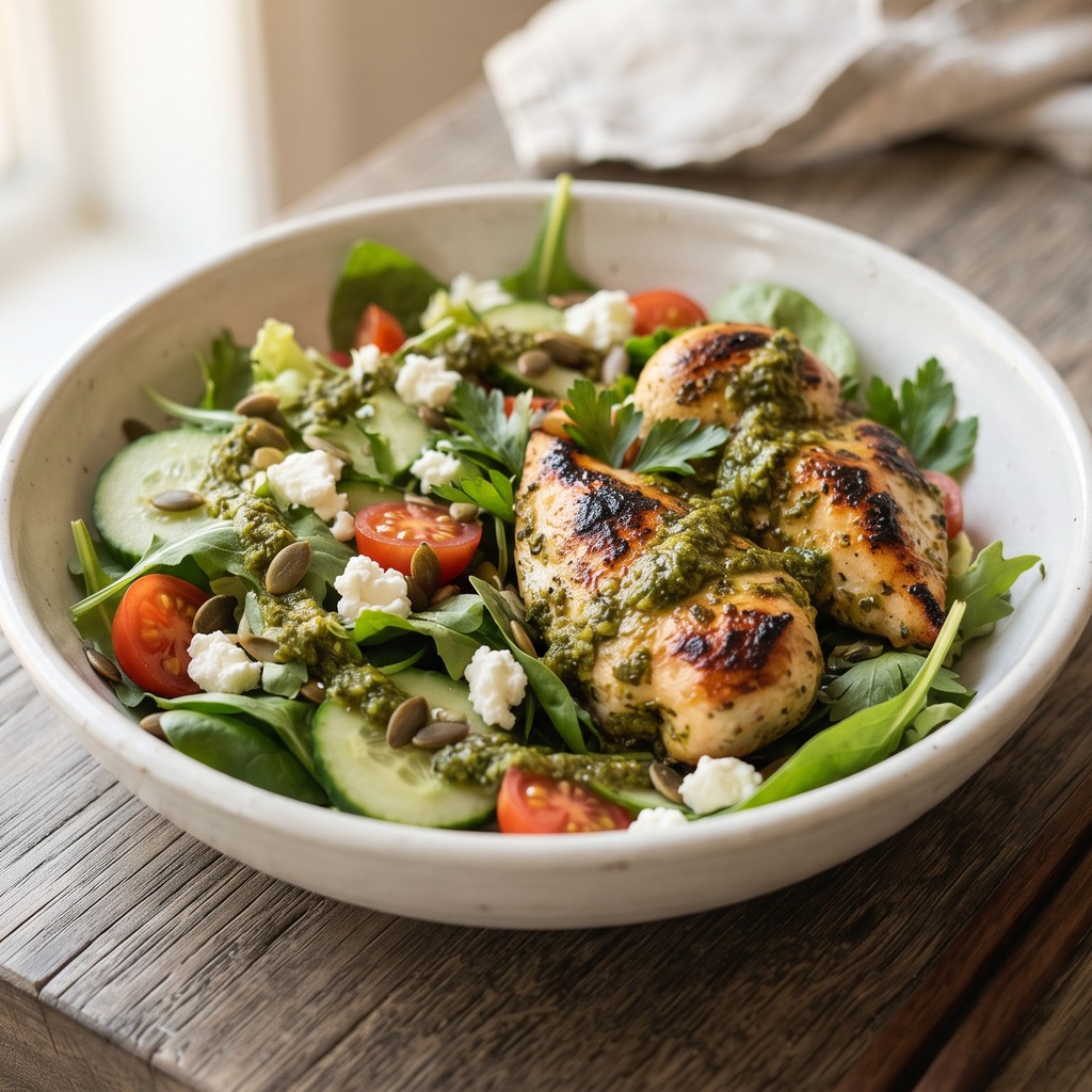 Poulet poêlé, salade printanière et pesto