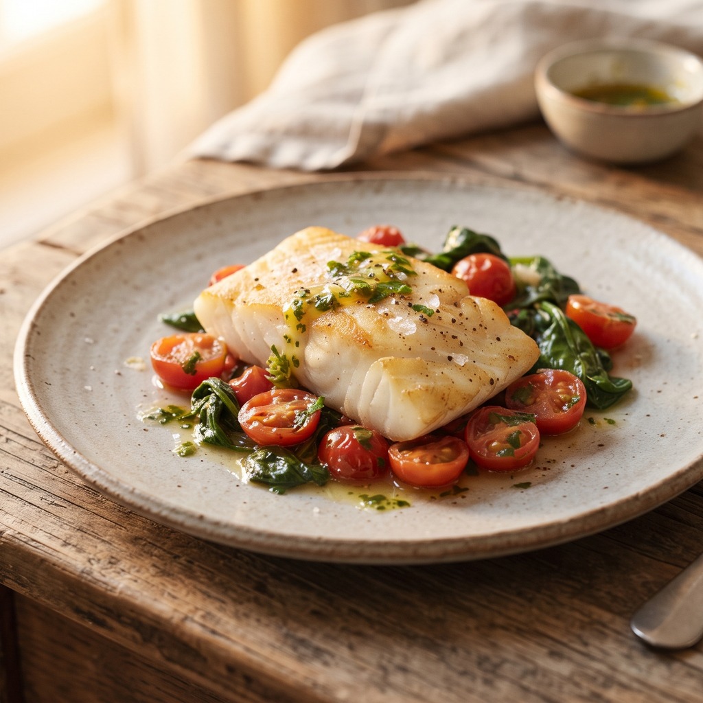 Cabillaud poêlé, vinaigrette citron-persil et tomates