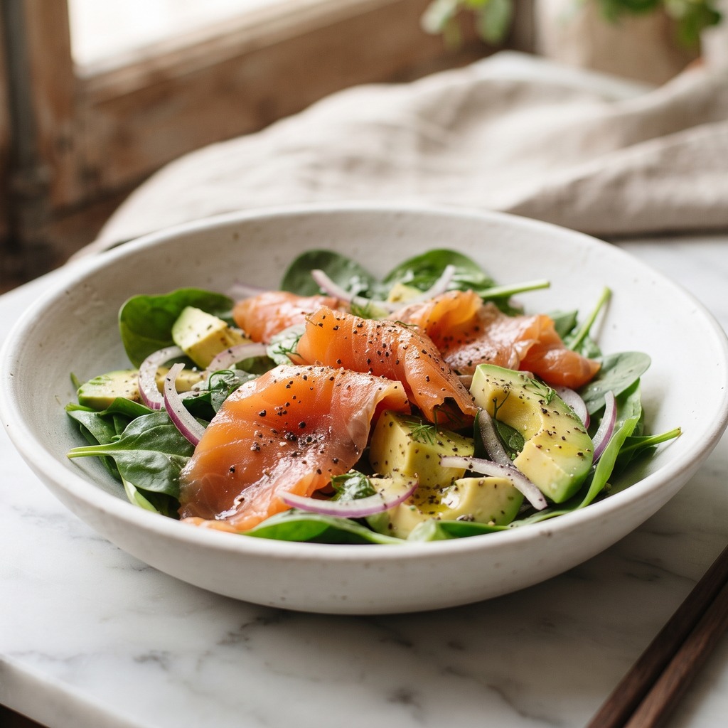Salade épinards, avocat et saumon fumé