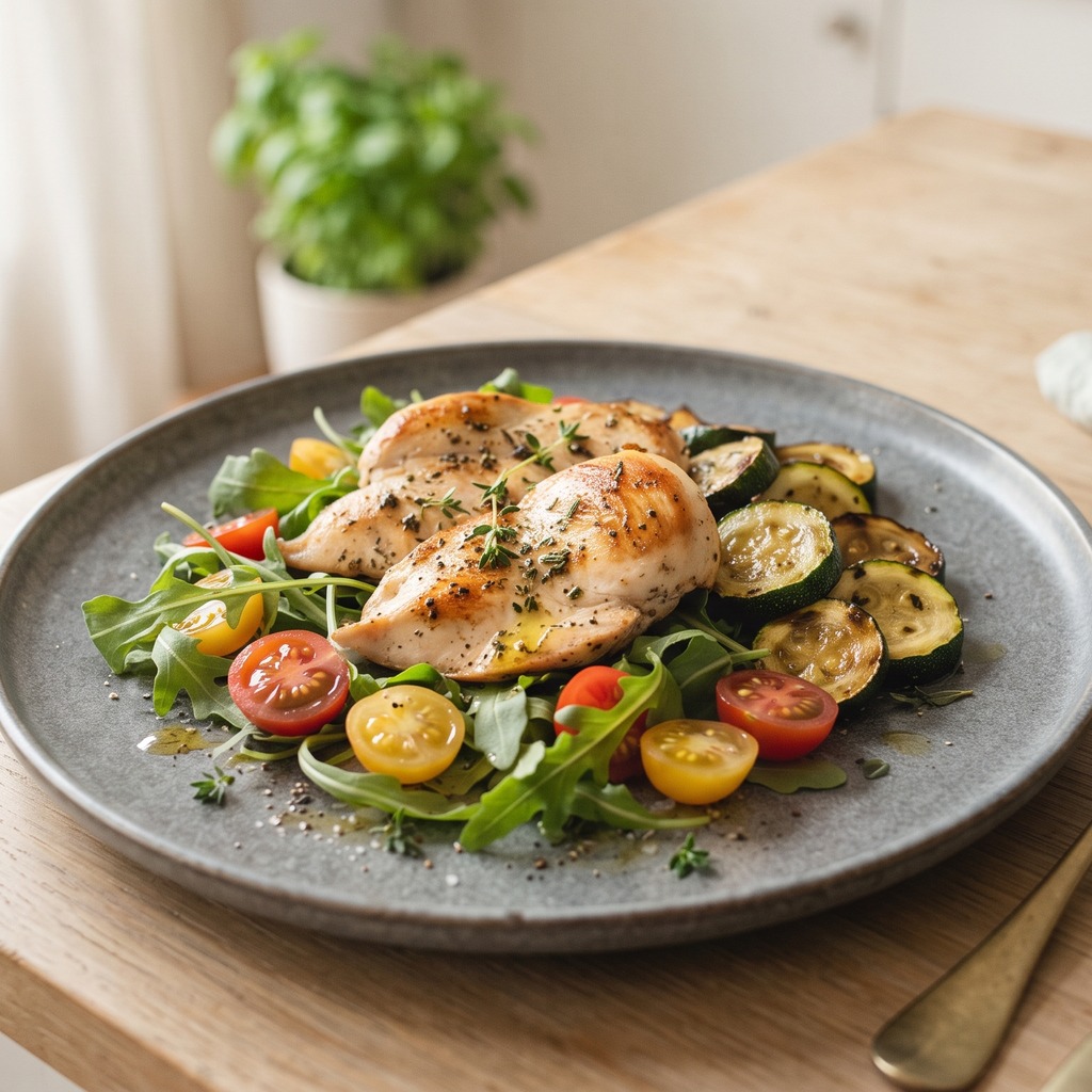 Poulet et courgettes poêlés, roquette et tomates