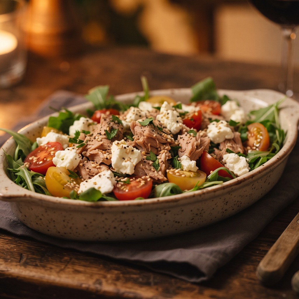 Roquette, thon, tomate et feta au sésame