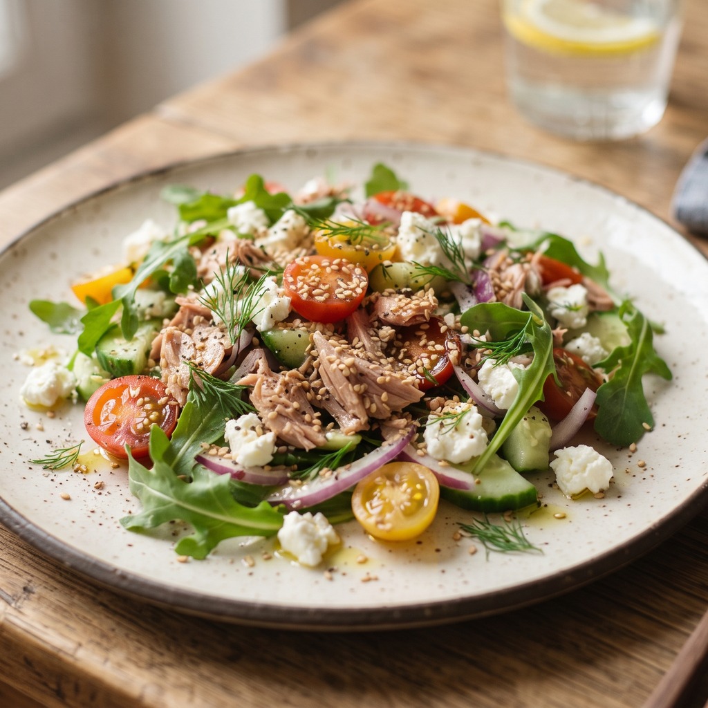 Roquette, thon, tomate et feta au sésame