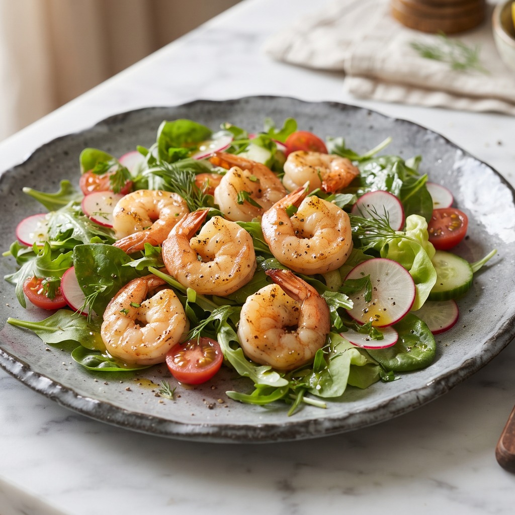 Crevettes poêlées, vinaigrette citron-thym