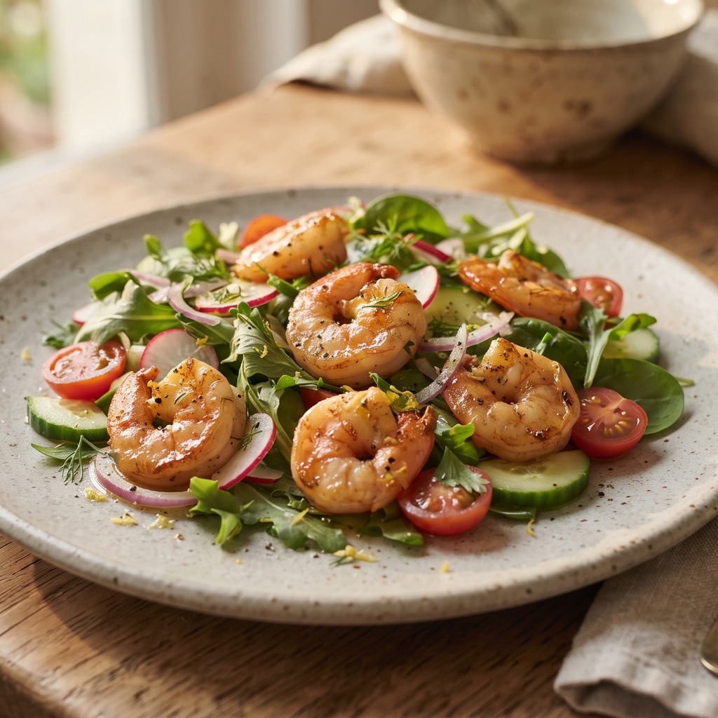 Crevettes poêlées, vinaigrette citron-thym