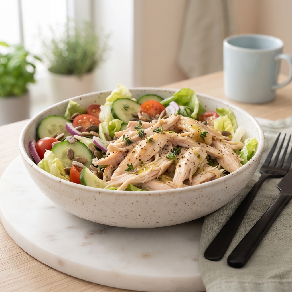 Bol de poulet effiloché, vinaigrette citron-thym