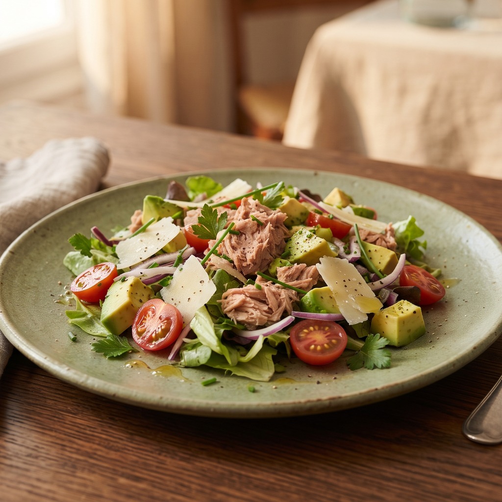 Salade de thon, avocat et copeaux de parmesan