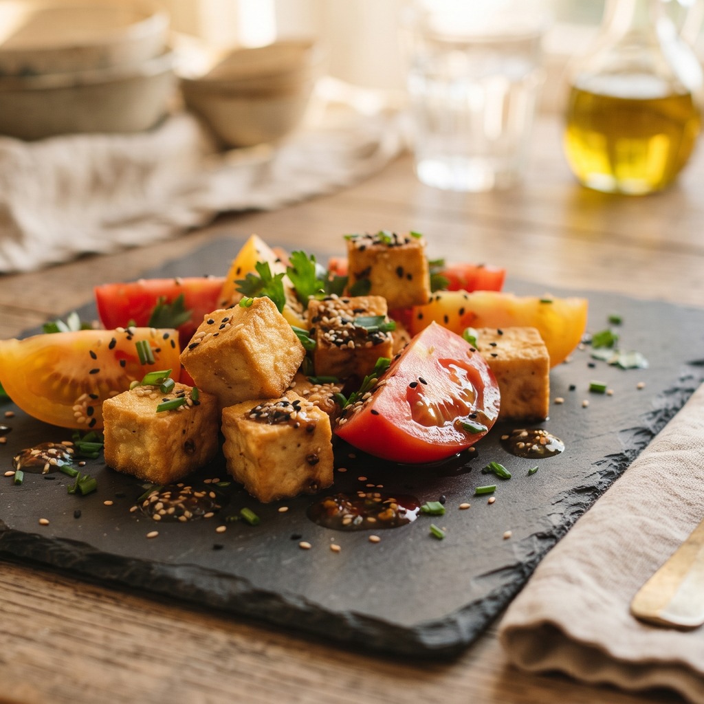 Tofu croustillant, tomate et vinaigrette tamari-sésame