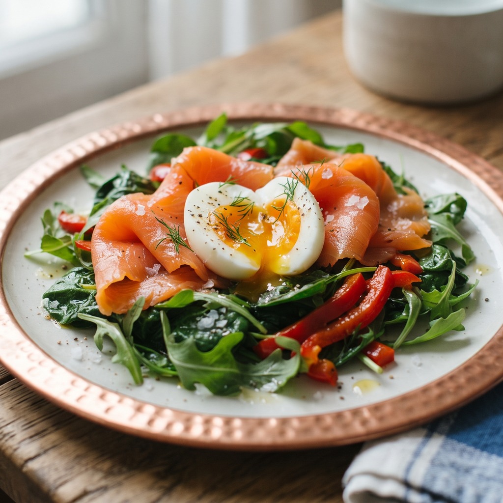 Saumon et courgettes grillés, roquette et poivron