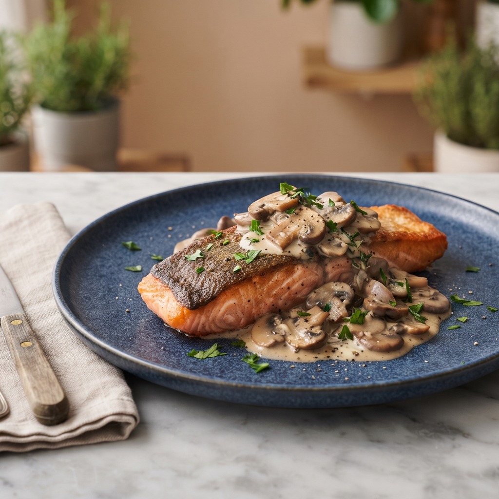 Saumon poêlé, sauce crémeuse aux champignons
