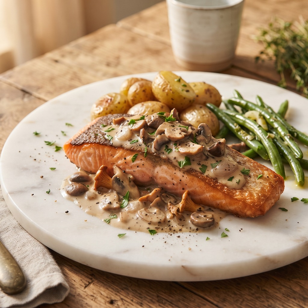 Saumon poêlé, sauce crémeuse aux champignons